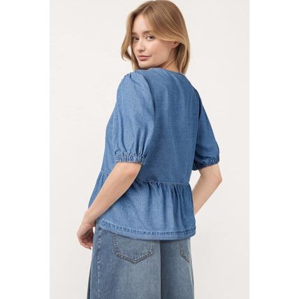 Dusk Blue Tied Front Bubble Sleeve Peplum Denim Shirt