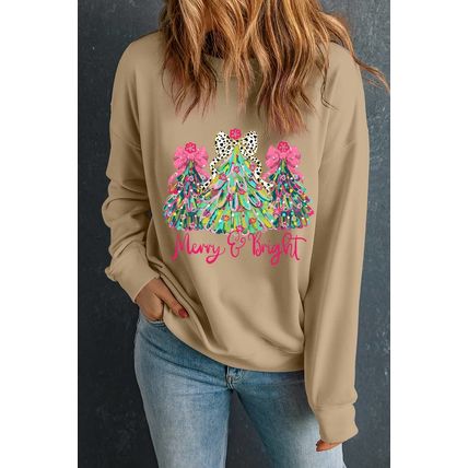 Khaki Merry & Bright Christmas Tree Print Pullover Sweatshirt