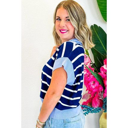 Sky Blue Stripe Colorblock Quarter Zip Collar Sweater Vest