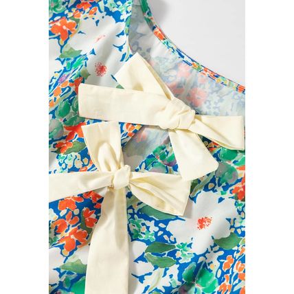 Green Floral Print Bow Applique Slit Sleeveless Peplum Blouse