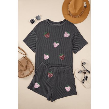 Carbon Grey Sequin Strawberry Patched Twist Ribbed Short 2pcs Outfit