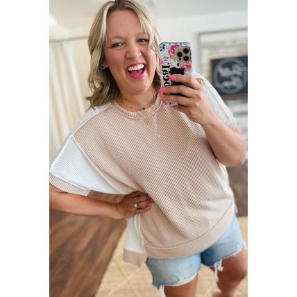 Parchment Twist Rib Colorblock Hi Low Plus Size Short Sleeve Top