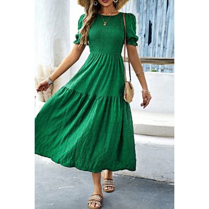 Dark Green Solid Textured Smocked Puff Short Sleeve High Waist Long Dress