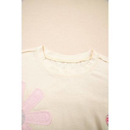 Apricot Flower Patched Exposed Stitching Trim Crew Neck Loose Tee