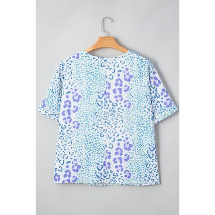 Sky Blue Leopard Print Short Sleeve V Neck Plus Size Top