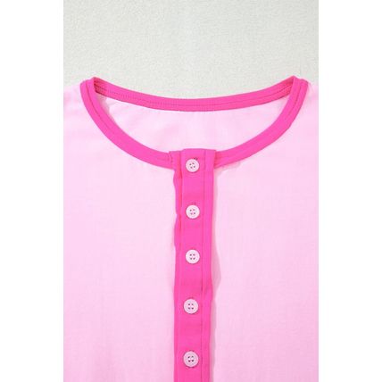 Pink Solid Color Half Sleeve Buttons Henley Top