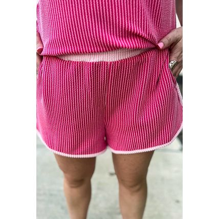 Rose Red 3D Spiral Ribbed Texture 2 Tones Patchwork Short Set