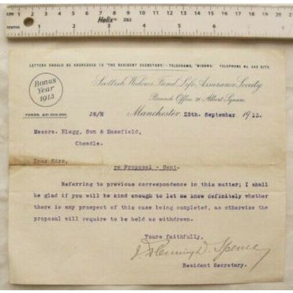 1913 letter Scottish Widows Fund, Manchester, Gent, Cheadle