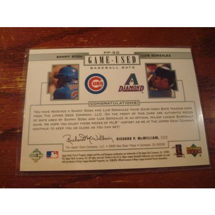 2001 Upper Deck, Dual Game Used Bat Card, SOSA/GONZALEZ, Cubs/Diamondbacks