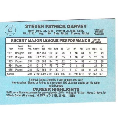 1986 Donruss baseball Steve Garvey card #63- NM- Padres