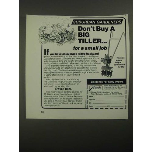 1987 Mantis Tiller Ad - Suburban Gardeners Don't Buy a Big Tiller