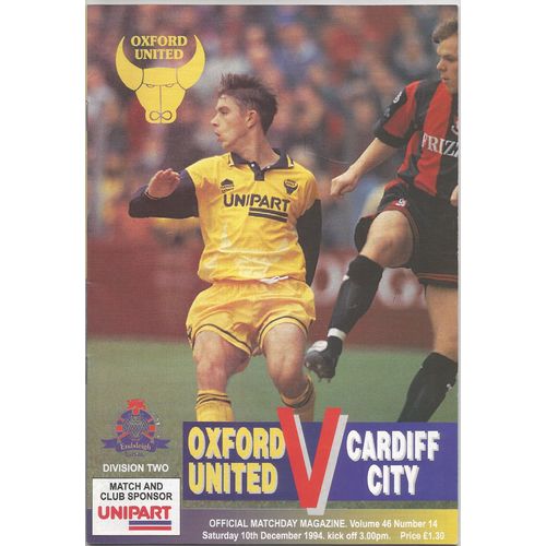 MATCH PROGRAMME 1994-95 OXFORD UNITED v CARDIFF CITY (Very Good - No Writing)