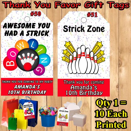 Bowling Birthday 10 ea Favor Thank You Tags Gift Tags Personalized