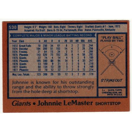 1978 Topps baseball card 538 Johnnie LeMaster - Giants