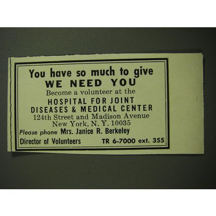 1970 Hospital for Joint Diseases & Medical Center Ad - You have so much to give