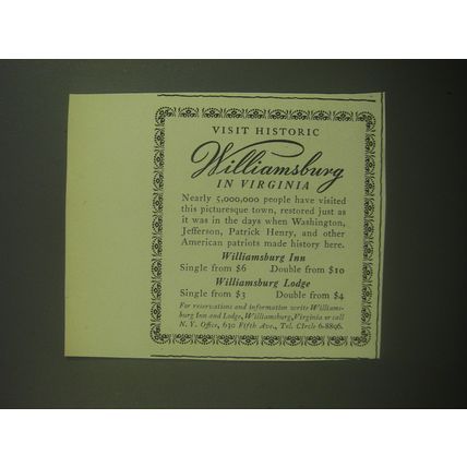 1946 Williamsburg Inn Advertisement - Visit Historic Williamsburg in Virginia