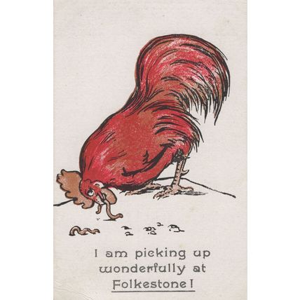 Farm Bird Hen Eating Worm at Folkestone Kent Antique Comic Postcard