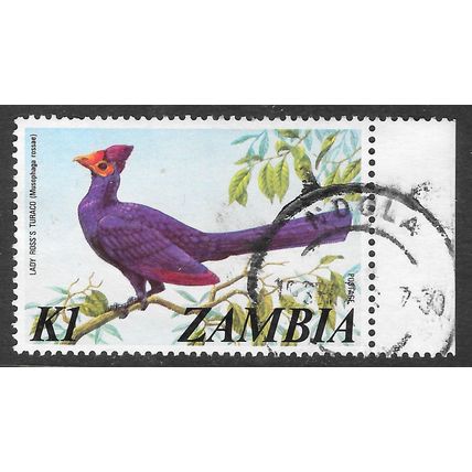 ZAMBIA 1975 LADY ROSS'S TURACO BIRD USED 1K SELVEDGE COPY