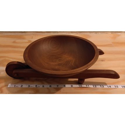 Woodcroftery Wheel Barrow Wood Bowl 14" Long Signed MCM Display Nuts Candy