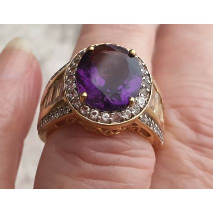 Lusaka Amethyst & White Topaz Oval Halo RING Sz O½ 14k Gold Overlay 925 Silver