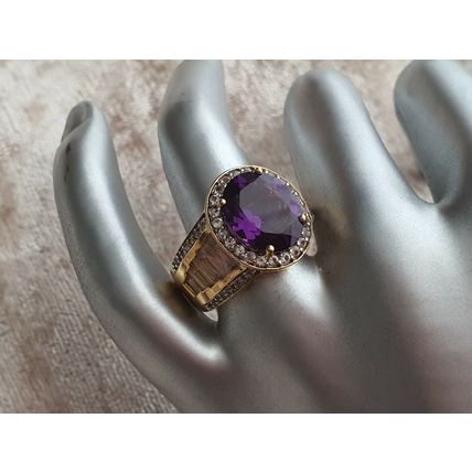 Lusaka Amethyst & White Topaz Oval Halo RING Sz O½ 14k Gold Overlay 925 Silver