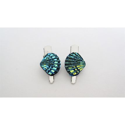 Set of two small sparkly blue green shell alligator hair pin clips for fine