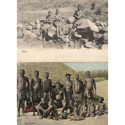 Zulus at Home On Rocks Risque 2x Antique African Zulu Postcard s