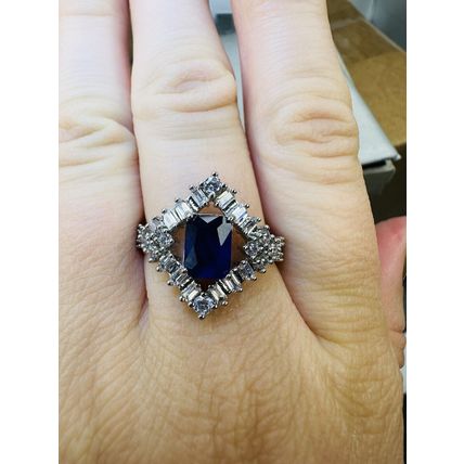 Ring Bomb Party Sz11 RBP Dark Blue Gem W/Colorless Gem Clusters & Rhodium P Band