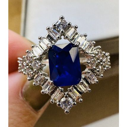 Ring Bomb Party Sz11 RBP Dark Blue Gem W/Colorless Gem Clusters & Rhodium P Band