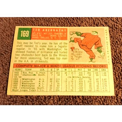 Topps 1959 Ted Abernathy # 169 Washington Senitors Pitcher 3.5 VG+ Condition