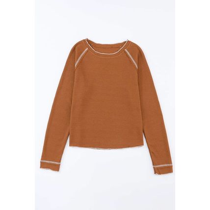 Brown Textured Round Neck Long Sleeve Top