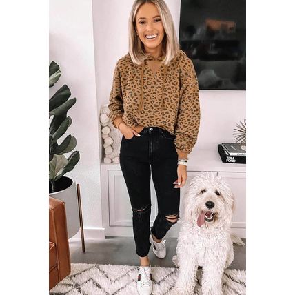 Leopard Long Sleeve Drawstring Cropped Hoodie