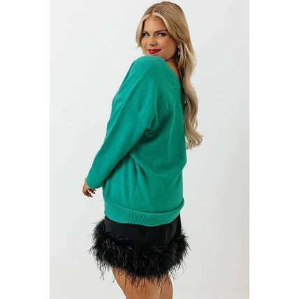 Green Plus Size Drop Shoulder V Neck Sweater