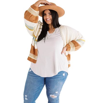 Beige Plus Size Striped Print Open Front Cardigan