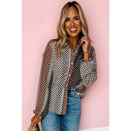 Brown Dot Print Long Sleeve Button Down Shift Shirt