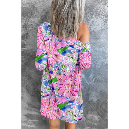 Pink Flower Print Long Sleeve Button Up Cardigan