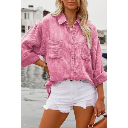 Pink Mineral Wash Crinkle Textured Chest Pockets Shirt