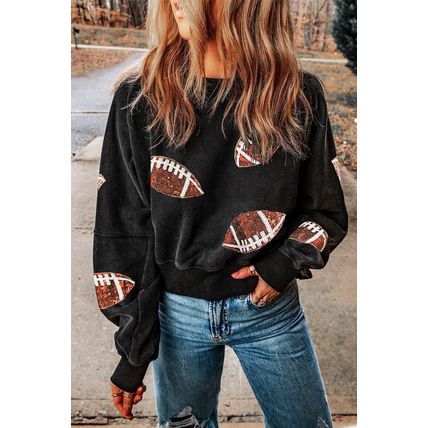 Black Sequined Rugby Graphic Open Back Sweatshirt