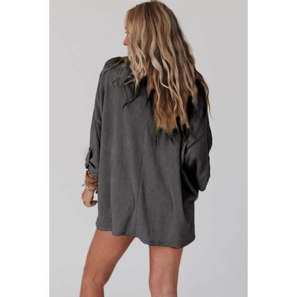 Dark Gray Ribbed Roll-tab Sleeve Chest Pocket Oversize Top