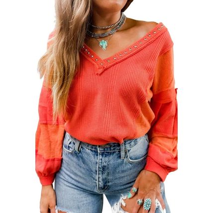 Red Studded V Neckline Exposed Seam Textured Knit Top
