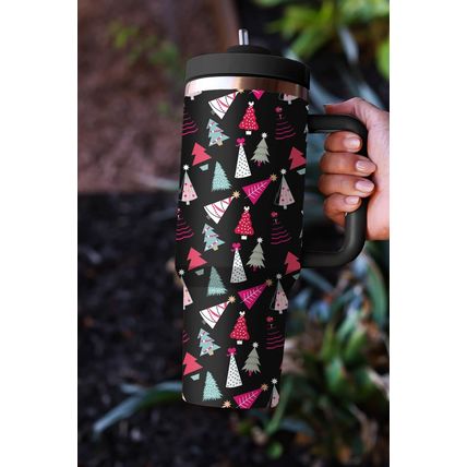 Black Cartoon Christmas Tree Printed Thermos Cup
