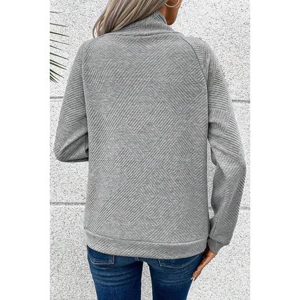 Gray Asymmetric Buttons Detail High Neck Textured Sweatshirt
