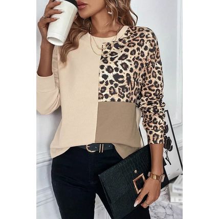 Pale Khaki Leopard Colorblock Waffle Knit Top