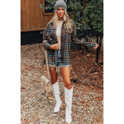 Brown Plaid Print Chest Pockets Buttoned Shirt Jacket