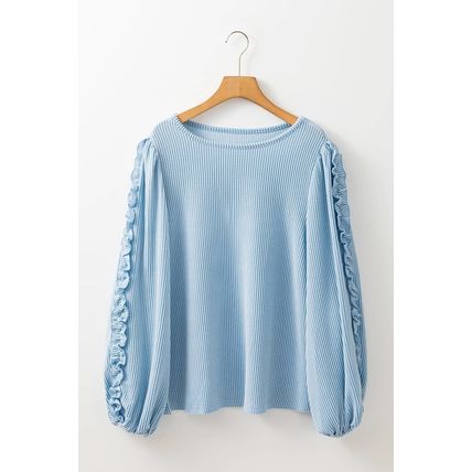 Mist Blue Corded Frilly Puff Sleeve Round Neck Blouse