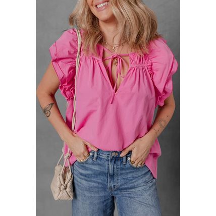 Sachet Pink Shirred Yoke Lace up V Neck Ruffled Sleeve Blouse