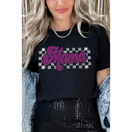 Black Rhinestone Mama Letter Graphic T Shirt