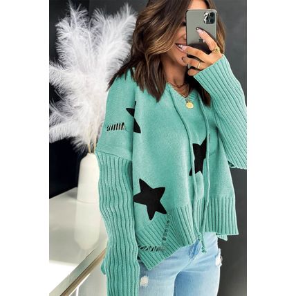 Green V Neck Star Pattern Hooded Sweater with Slits