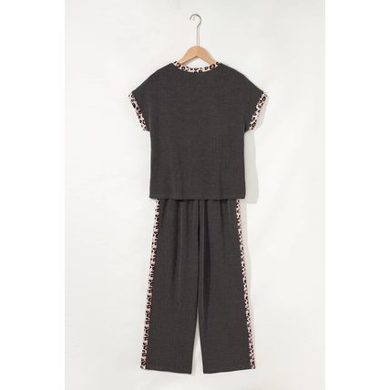 Carbon Grey Leopard Patchwork Edge Twisted Rib T Shirt and Cropped Pants Set