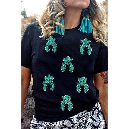 Black Western Turquoise Pattern Sequin Patched T Shirt